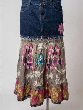 Upcycled Old Navy Denim and Patterned Boho Midi Skirt Excellent Condition